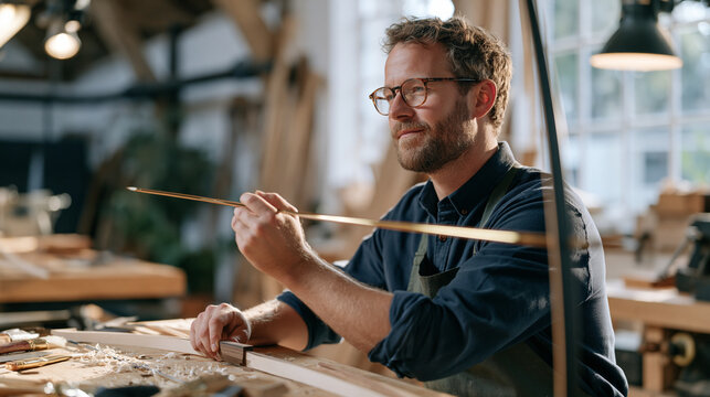 Fletcher testing the spine of a finished arrow in a dim industrial workshop, aftermath of a long crafting session visible in shavings and offcuts across the bench, traditional