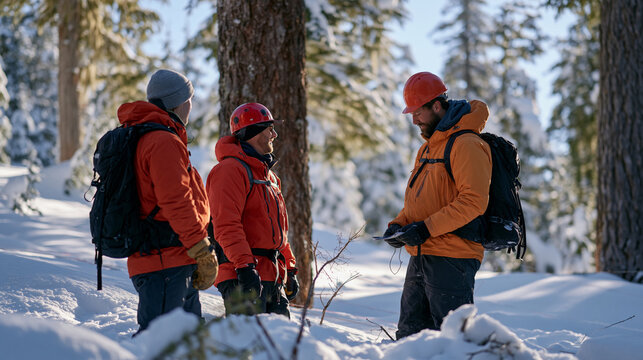 Avalanche safety crew assessing the quiet aftermath of a controlled release on a forested slope, snow debris settling around broken branches, safety probe lines still visible in