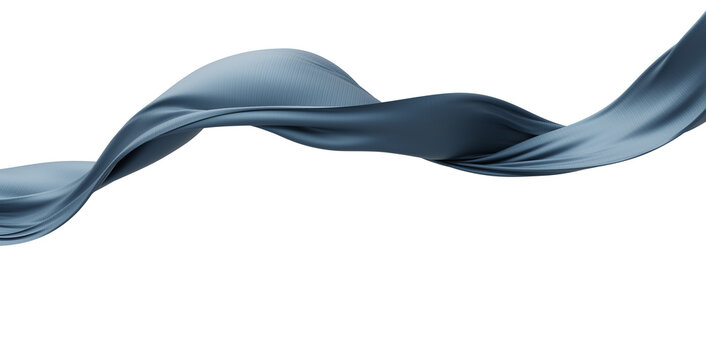 Dark steel blue fabric ribbon flowing isolated on transparent background with copy space 3D render