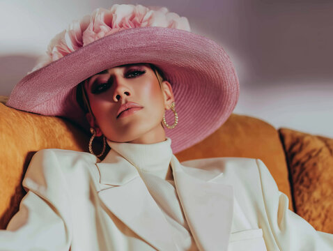 Model Reclining in White Suit Beneath Wide Pink Hat. Ideal for beauty, headwear, and dreamy fashion editorials.