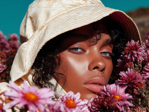 Dark Skin Woman Framed by Pink Flowers and Woven Sun Hat. Ideal for beauty, headwear, and dreamy fashion editorials.