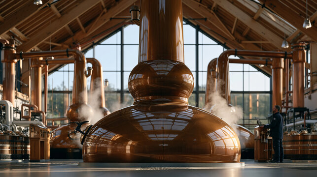 Wide establishing shot of a whisky distillery interior, copper pot stills towering under timber rafters, steam rising from the wash backs, a single worker at the spirit safe