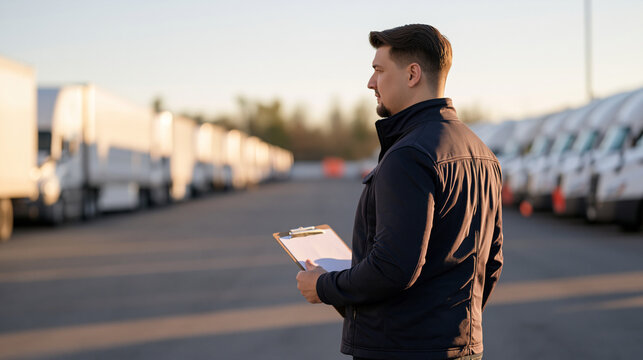 Fleet manager walking a golden-hour truck yard, clipboard in hand comparing vehicle positions before and after route reassignment, logistics before and after operational review,