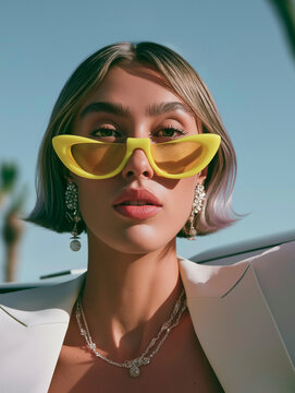 Woman in Yellow Cat Eye Glasses and White Tailored Jacket. Perfect for eyewear, modern fashion, and retail campaigns.