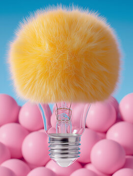 Yellow Furry Light Bulb Floating Above Pink Spheres. Ideal for innovation, creative concepts, and playful technology campaigns.
