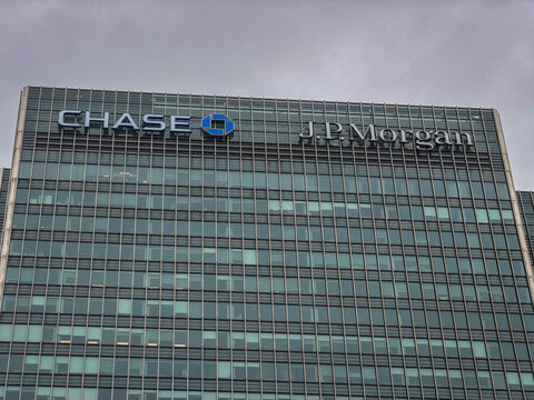 Close up JP Morgan building, at Canary Wharf in London, United KIngdom.