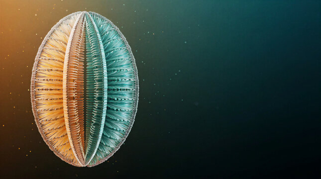 Crystalline silica diatom frustule mid division with fiber-optic girdle bands splitting along the central plane in microscopic view