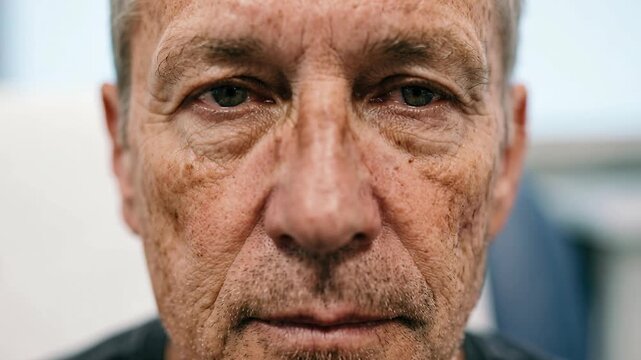 A man sits in a clinic during a skin treatment session. Close-up shots show his face from different angles. The lighting highlights the skin condition and changes