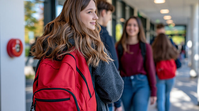 Rear view of students following an organized emergency drill in a bright modern school hallway beside a red wall mounted fire alarm, cropped composition with faces completely out of frame, clean edu