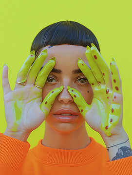 Beauty Portrait Peeking Through Bright Green Hands. Ideal for makeup, color, diversity, and creative beauty campaigns.