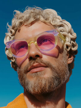 Classical Bearded Statue Wearing Oversized Pink Sunglasses. Ideal for art, eyewear, fashion, and humorous editorial campaigns.