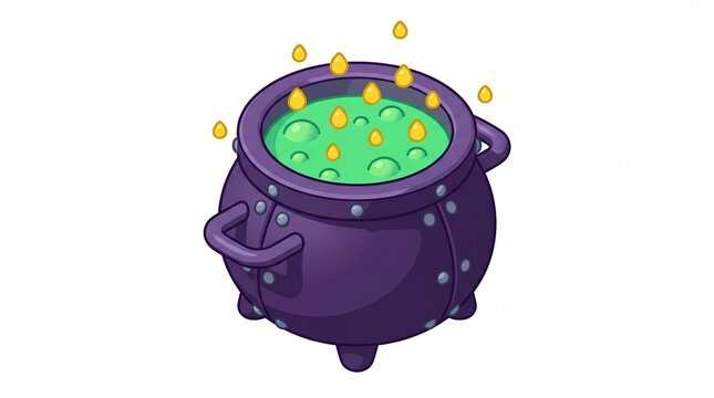 Bubbling purple cauldron with green magic potion and glowing sparks, vector illustration of fantasy witch pot for halloween
