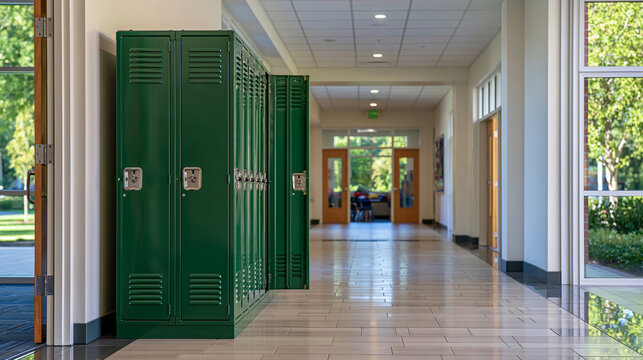 Single open empty green metal locker positioned beside a bright nondescript school hallway, modern educational interior, clean tiled floor, simple walls and classroom entrances, soft daylight, no st