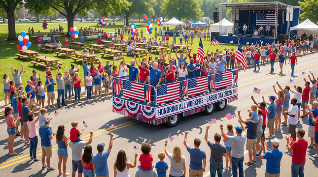 Crowd cheering and waving American flags as a festive patriotic parade float passes by during a sunny community holiday celebration