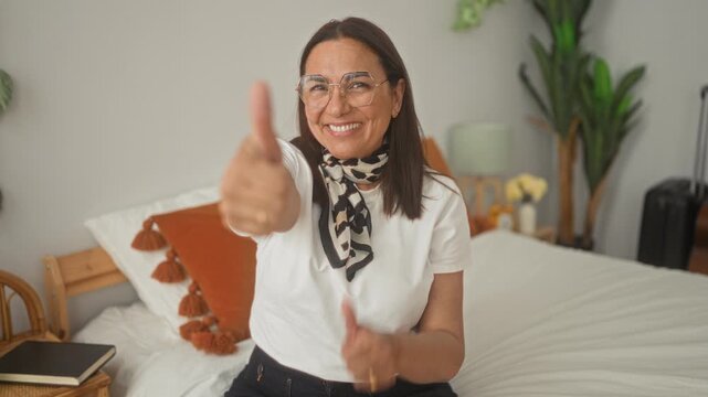 Woman middle age hispanic gives double thumbs up on bed in building, smiling, wearing glasses and patterned scarf; optimism home comfort.