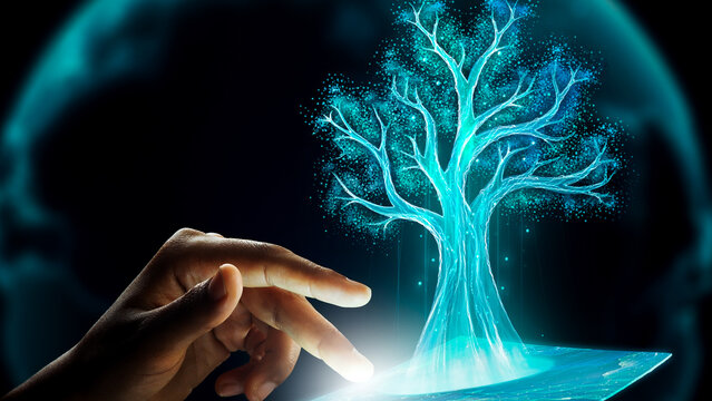 Hand interagiert mit leuchtendem, cyanblauem Digitalbaum &ndash; Symbol f&uuml;r KI, Human-Tech Interaction & Sustainability