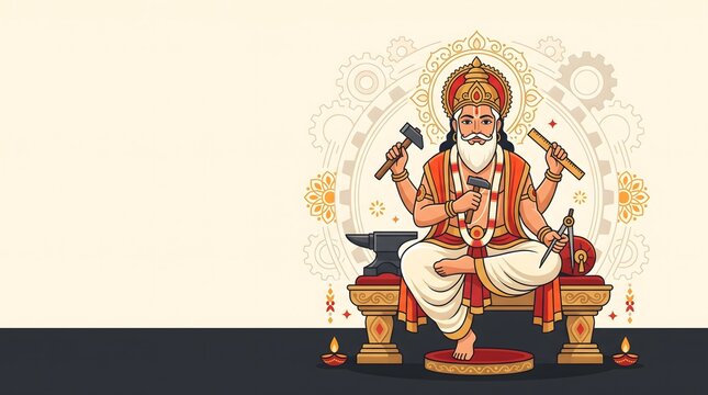 Lord Vishwakarma god of craft, seated on a throne, holding tools and surrounded by gears.