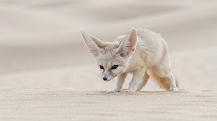 Fototapeta premium Fennec Fox in the Sand Dune: A fennec fox with enormous ears and a sandy coat moves cautiously across a vast sand dune, its small frame blending perfectly with the arid desert landscape.