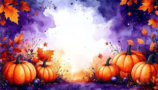 ハロウィンの夜を彩るオレンジ色のカボチャと鮮やかな紅葉の落葉が水彩画タッチで描かれた秋の雰囲気溢れるイラスト　中央に明るく広いコピースペースを設け文字やロゴを配置しやすい構成とした幻想的で美しい紫色と橙色のグラデーション背景　季節のイベント告知やパーティーの案内チラシ、SNS投稿の背景、Webサイトのバナー、店舗の装飾、メッセージカードの制作に役立つデザイン素材