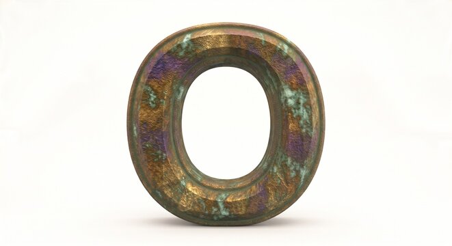 3D aged bronze letter set with green and purple patina effect, metallic alphabet isolated on white background