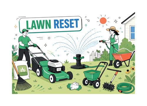 Late Summer Lawn Care. A clean editorial banner showing a homeowner mowing and watering a late-summer lawn, with an oversized lawn mower and sprinkler as the main objects, plus a rake, fertilizer bag,