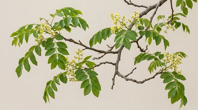 Dalbergia sissoo tree branches with fresh green leaves and small yellow flowers blooming against a clean minimalist light background