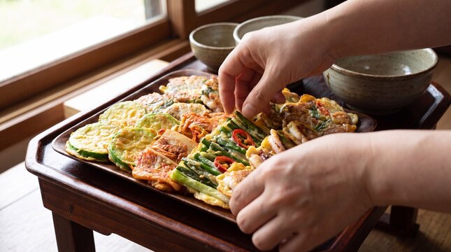Hands serving a variety of colorful Korean jeon pancakes on a traditional wooden tray, presenting delicious Asian cuisine