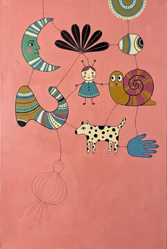 Whimsical Folk Art Illustration with Moon, Snail, Spotted Cat and Doll on Coral Pink Background
