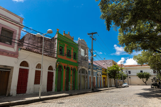 Colorful Colonial Buildings on Historic Cobblestone Street