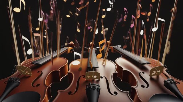 Violins and Music Notes Flying, Classical Music Concept, Orchestral Performance