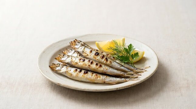 Grilled shishamo smelt fish on ceramic plate served with lemon wedges and fresh parsley herbs, healthy Japanese seafood appetizer with charred skin