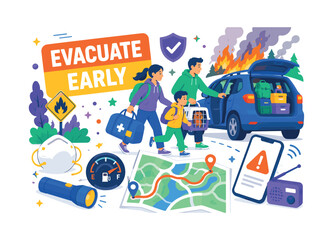 Naklejka premium Wildfire Evacuation Plan lively banner scene with a family of three evacuating around an oversized car and giant route map, one carries an emergency bag while another secures a pet carrier, wildfire,