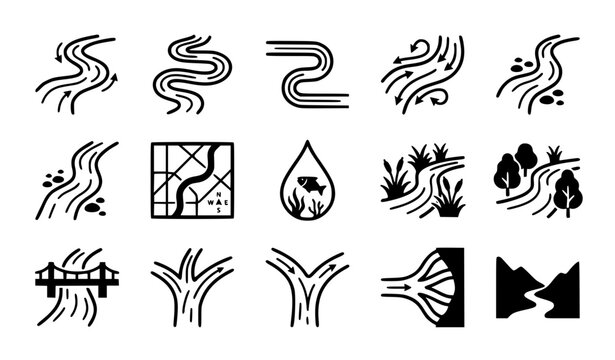 Black River and Waterway Vector Icon Set