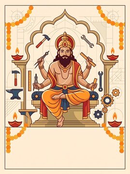 Lord Vishwakarma sitting on his throne surrounded by various tools for Vishwakarma Puja festival.