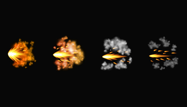 Gun flashes or gunshot animation. Collection of fire explosion effect during the shot with the gun. Cartoon flash effect of bullet starts. Shotgun fire, muzzle flash and explode
