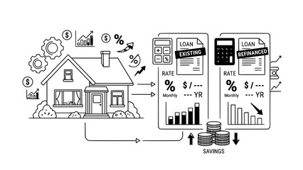 Fototapeta premium Conceptual illustration showing the financial process of refinancing a home mortgage loan