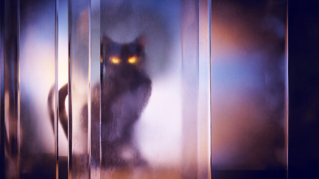 Mysterious Halloween black cat refracted through layered glass panels.