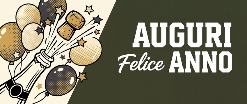 Italian New Year champagne banner with popping cork and balloons in pop art retro style for Auguri Felice Anno celebration greeting card and social media graphic background template design.