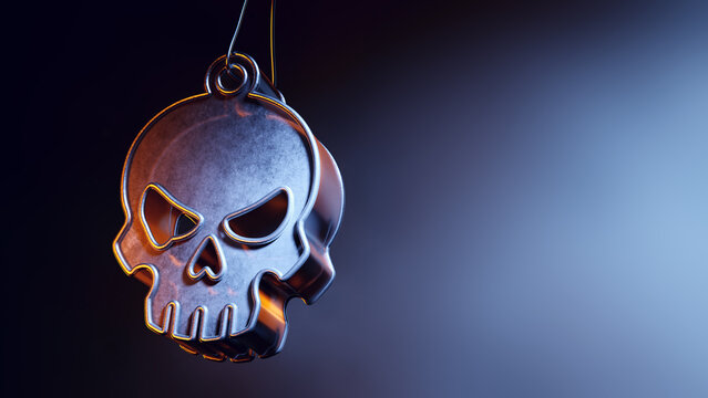Dark metallic Halloween skull ornament in an atmospheric misty scene.