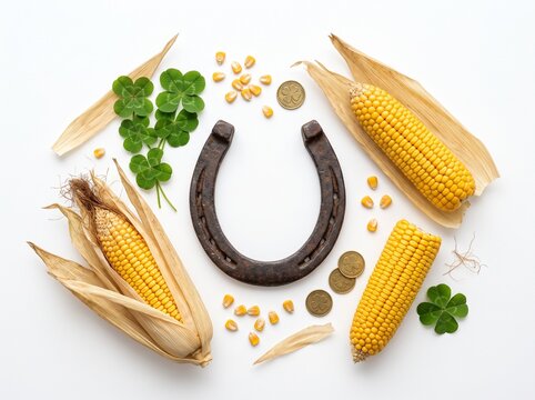 Horseshoe with corn cobs and clover leaves as symbols of good luck and harvest abundance