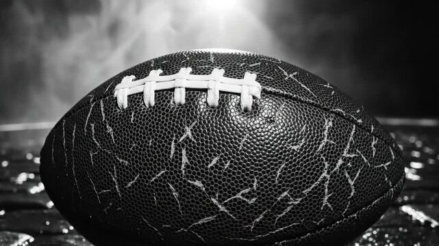 Dramatic monochrome shot of a weathered football on a wet cobblestone surface with atmospheric smoke and a bright light source