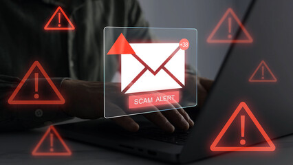 Obraz premium Email documents hacks, phishing attacks and virus alerts. Online fraud and cyber threats.Digital screen showing scam and spam emails. 
