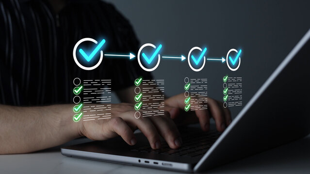 Digital task management interface with completed checklist items and verification marks. Business workflow concept focused on organization, productivity, project tracking and operational success.	
