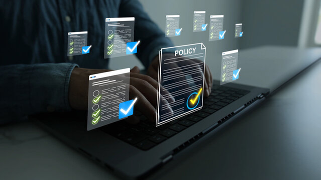 Compliance law,corporate rules with documents, checkmarks, regulation policy.Modern governance, legal standards, policy management ensuring transparency, safety, structured organizational control.