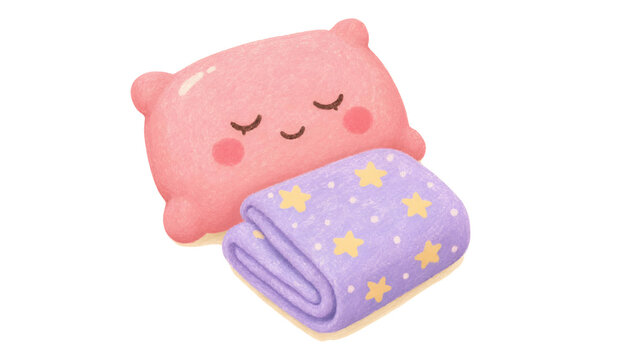 Kawaii pink pillow character with purple star blanket, cute sleeping bedding illustration, cozy nursery decor art