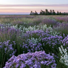Fototapeta premium Colorful lavender meadow with flowers under a sunset sky