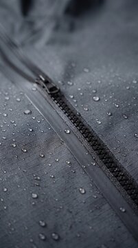 Close-up of water droplets beading on charcoal waterproof fabric with a zipper detail on a modern technical jacket.