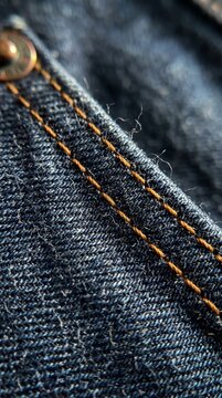 Close up of indigo denim fabric with triple stitched seam and metal rivet detail in minimalist lighting