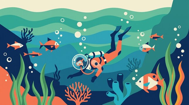 Vintage Scuba Diver Exploring Underwater Ocean Reef with Fish Illustration