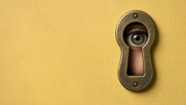 Human Eye Peering Through a Vintage Brass Keyhole on a Textured Muted Yellow Background
